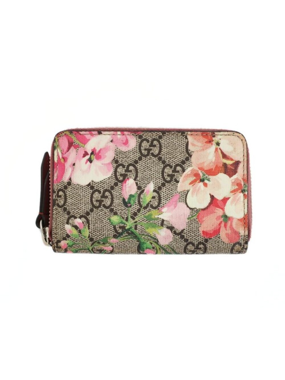 Gucci GG Blooms Coin Purse Wallet Pink Beige Silver Leather Floral